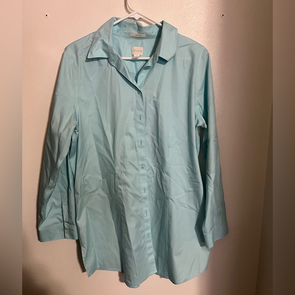 CHICO'S Classic‎ No-Iron Button Down Tunic Length Shirt Baby Blue Women's Size L